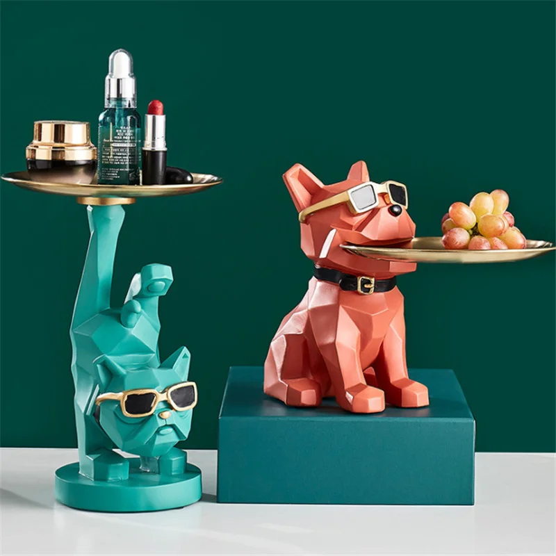 

Resin Nordic Geometric Dog Storage Tank Metal Tray Animal Statue Home Decor Living Room Office Desktop Decoration Gifts