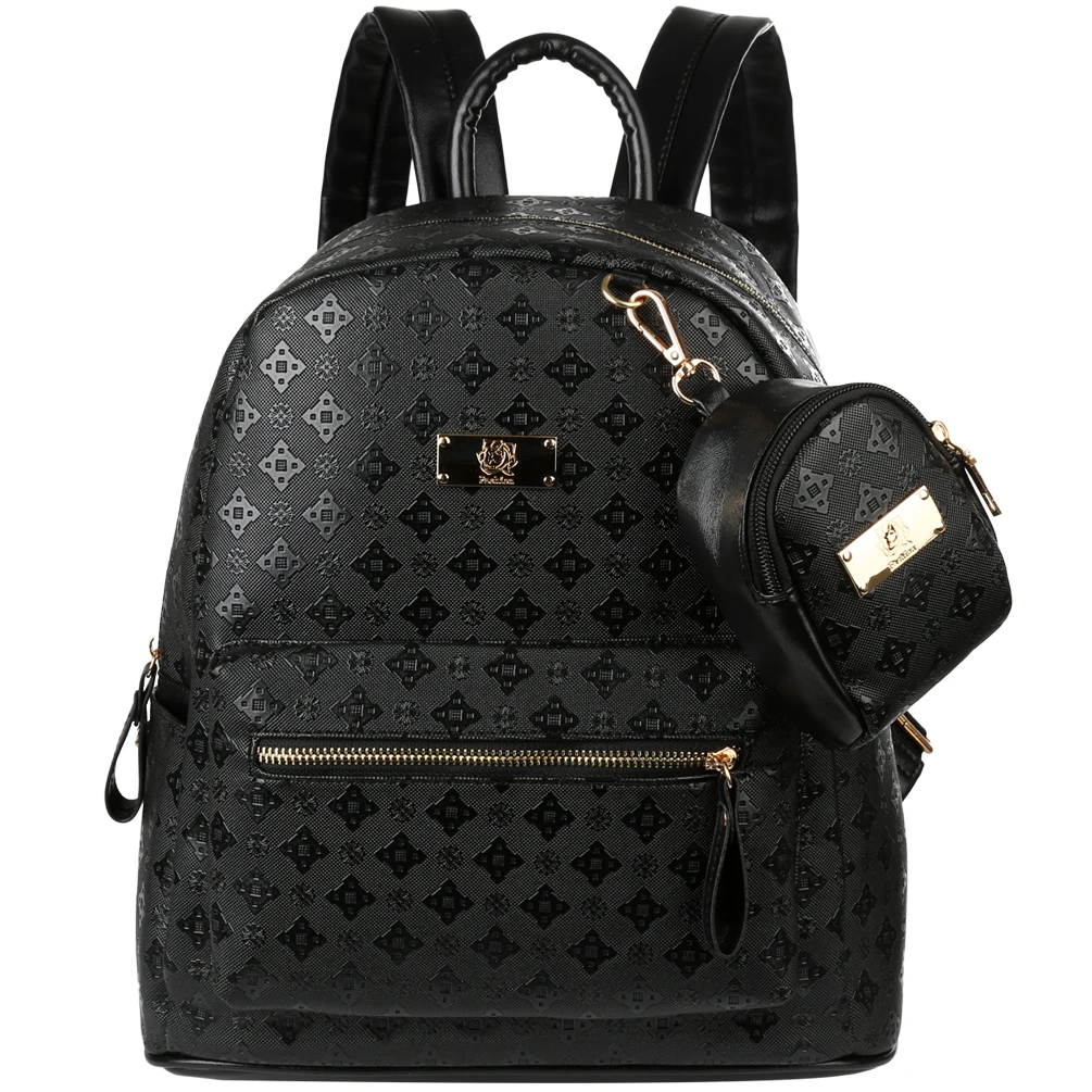 Women Backpack 2 in 1 PU Leather Shoulders Bag Chic School Bags Portable Travel Daypack with Hanging Pouch, Black