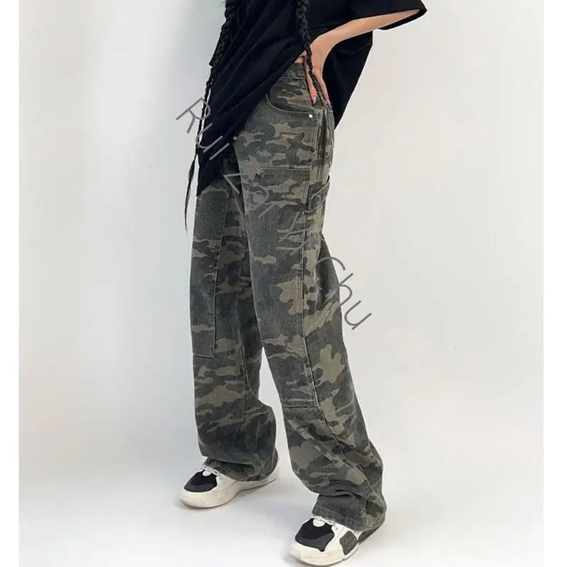New Retro Wide Leg Trousers Denim Straight Trousers Harajuku Camouflage Cargo Pants Women Y2K Streetwear Low Rise Jeans