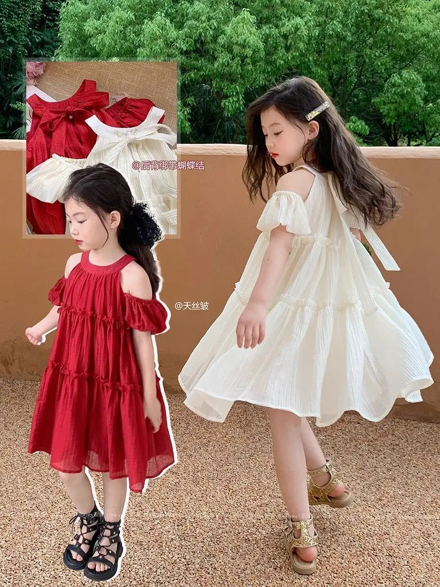 

2023 Summer New Arrival Girls Short Puff Sleeve Halter Ruffles Red Designer Roupa Infantil Menina Cute Party Dress Custume 8-10T