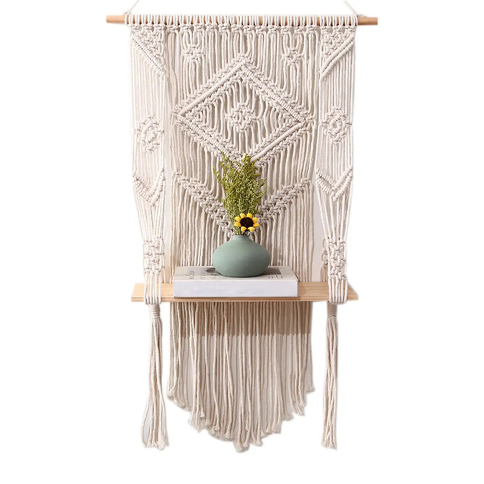 

Bohemian Macrame Tapestry Rack Hand-woven Wall Hanging Flower Storage Wooden Shelf Cotton Rope Tapestry Wall Decoration Shelf