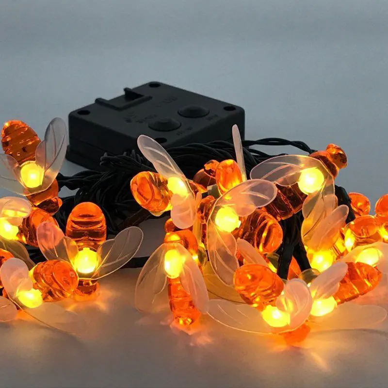 

New Solar Powered Cute Honey Bee Led String Fairy Light 20leds 50leds Bee Outdoor Garden Fence Patio Christmas Garland Lights