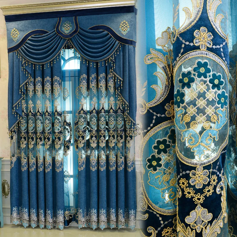 

European Style Curtains For Living Room Bedroom Light Luxury Hollow Embroidery Curtains Tulles Blue Brown Curtains Customization