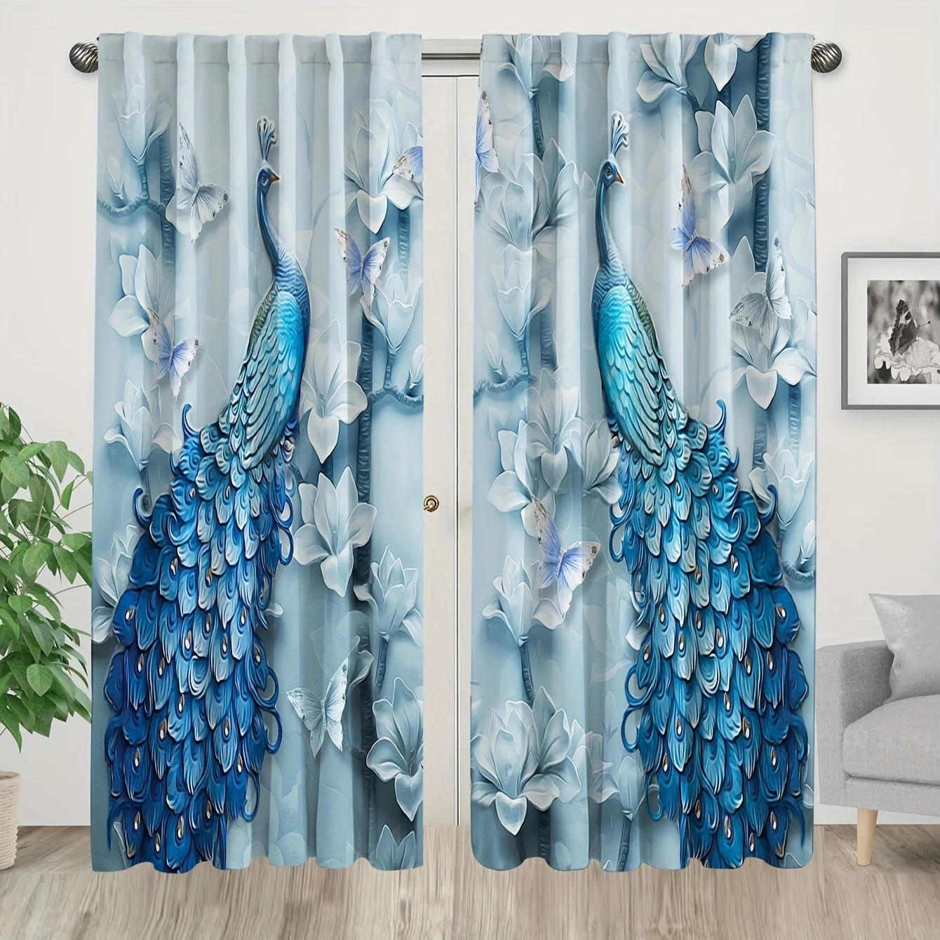 

2pcs Romantic Peacocks Flowers Pattern Curtains Rod Pocket Semi Blackout Window Curtains For Living Room Window Drapes Bedroom