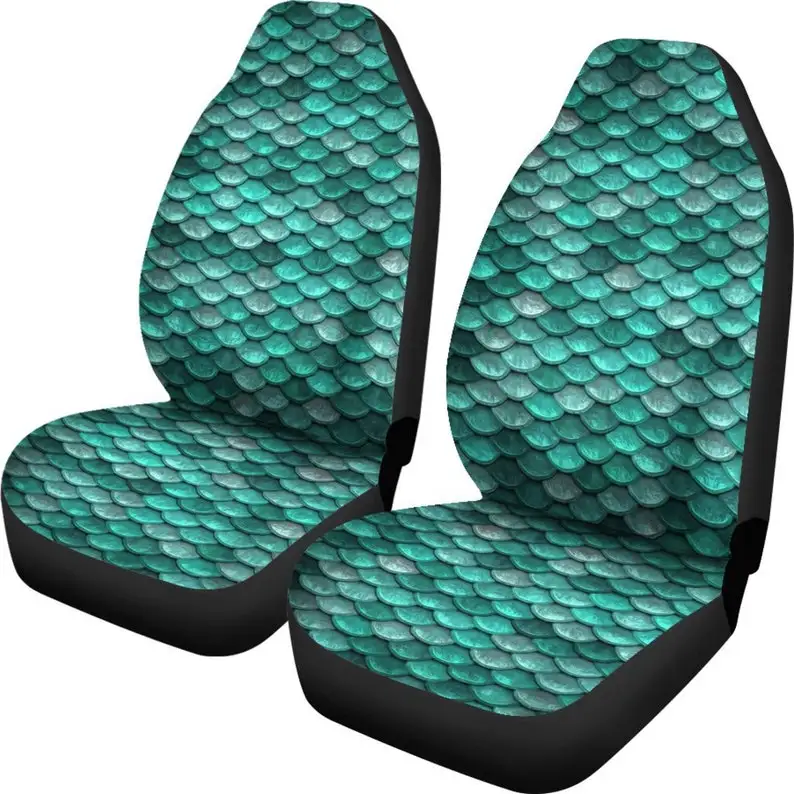 

Aqua Turquoise Green Mermaid Scales Black Car Seat Covers (Set of 2) Ocean Sea Fantasy Creatures