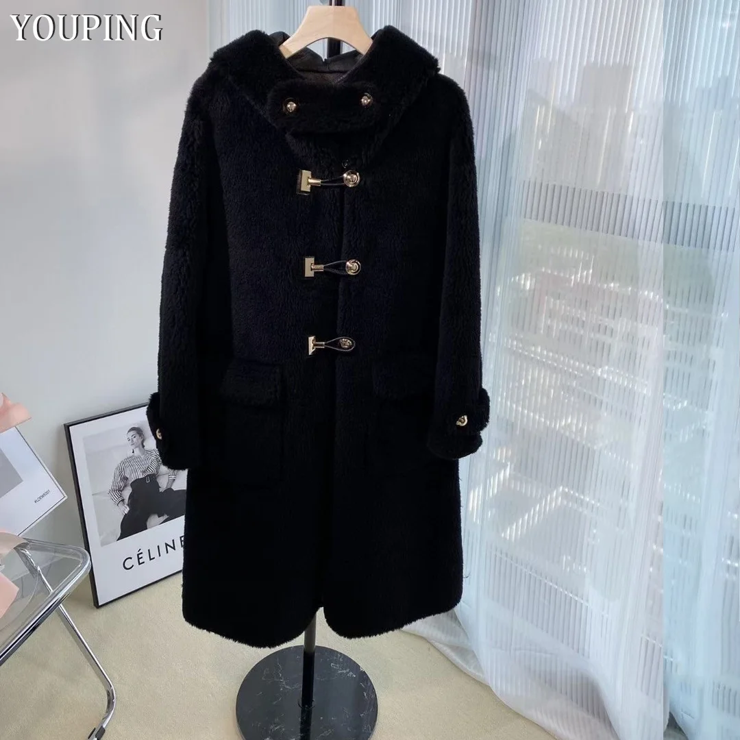 YOUPING Women 2022 Autumn Winter Real Fur Coat Hooded Sheep Shearling Jacket Wool Fur Coat Long Female Warm Genuine Fur Outwear