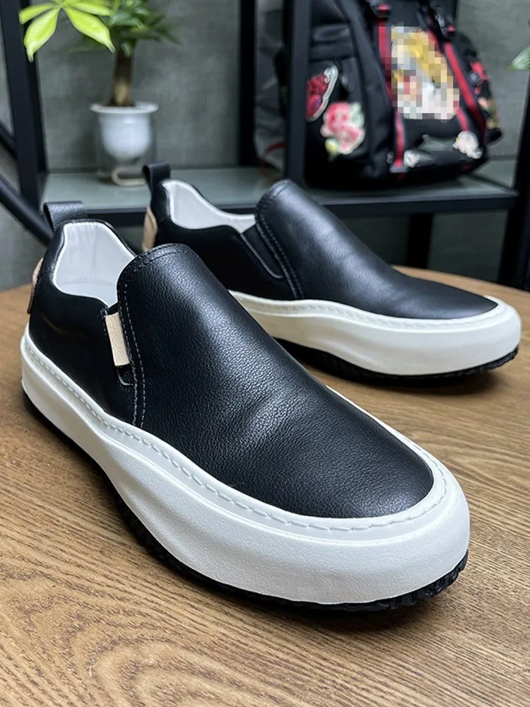 

Men Casual Slip On Loafers White Low Cut Thick Platform Sneakers Joggers Training Footwear Spring Summer Genuine Leather Shoes
