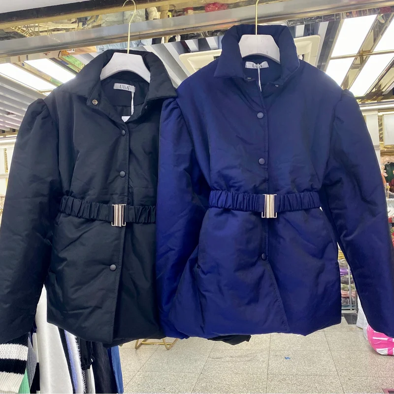 Autumn and Winter Puff Sleeve Waist Parka Coat Retro Lapel Tie Short Casual Bread Jacket Elegant Temperament Cotton Jacket