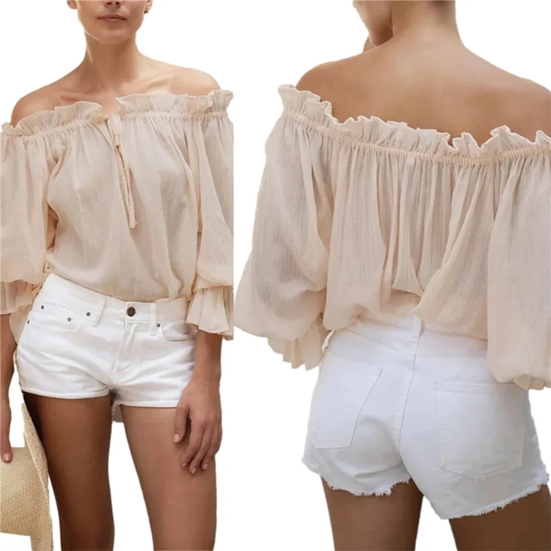 

Women Long Sleeve Off-shoulder Casual Shirt Solid Color Ruffled Bandage Cutout Spring Fall Pullover Tops Streetwear T-Shirts