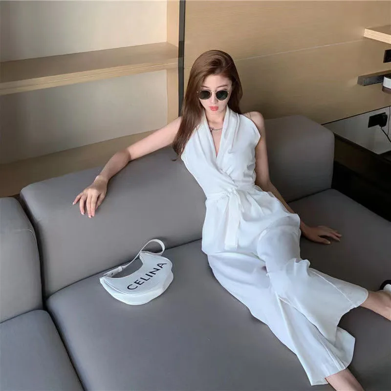 2023y2k Summer New Celebrity Temperament Formal Jumpsuit High-End Fashion V-Neck Waist Loose Wide-Leg Sleeveless Bow Jumpsuit