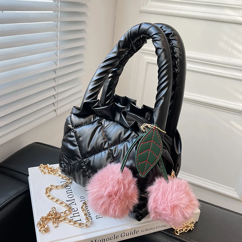 

Mini Tote Bag 2022 New PU Leather Women's Designer Handbag Down Cotton Crossbody Bag Luxury Brand Shoulder Bag with Hairball