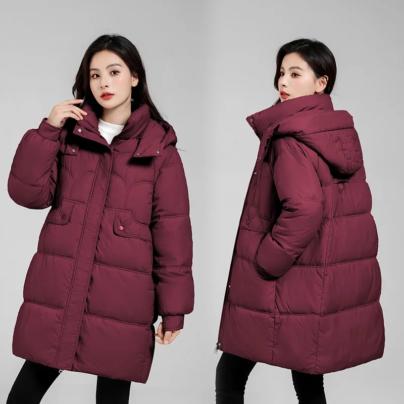 

2023 New Winter Detachable Hat Parkas Puffer Coat Woman Warm Hooded Mid Length Female Overcoats Jacket Women Cotton Clothing