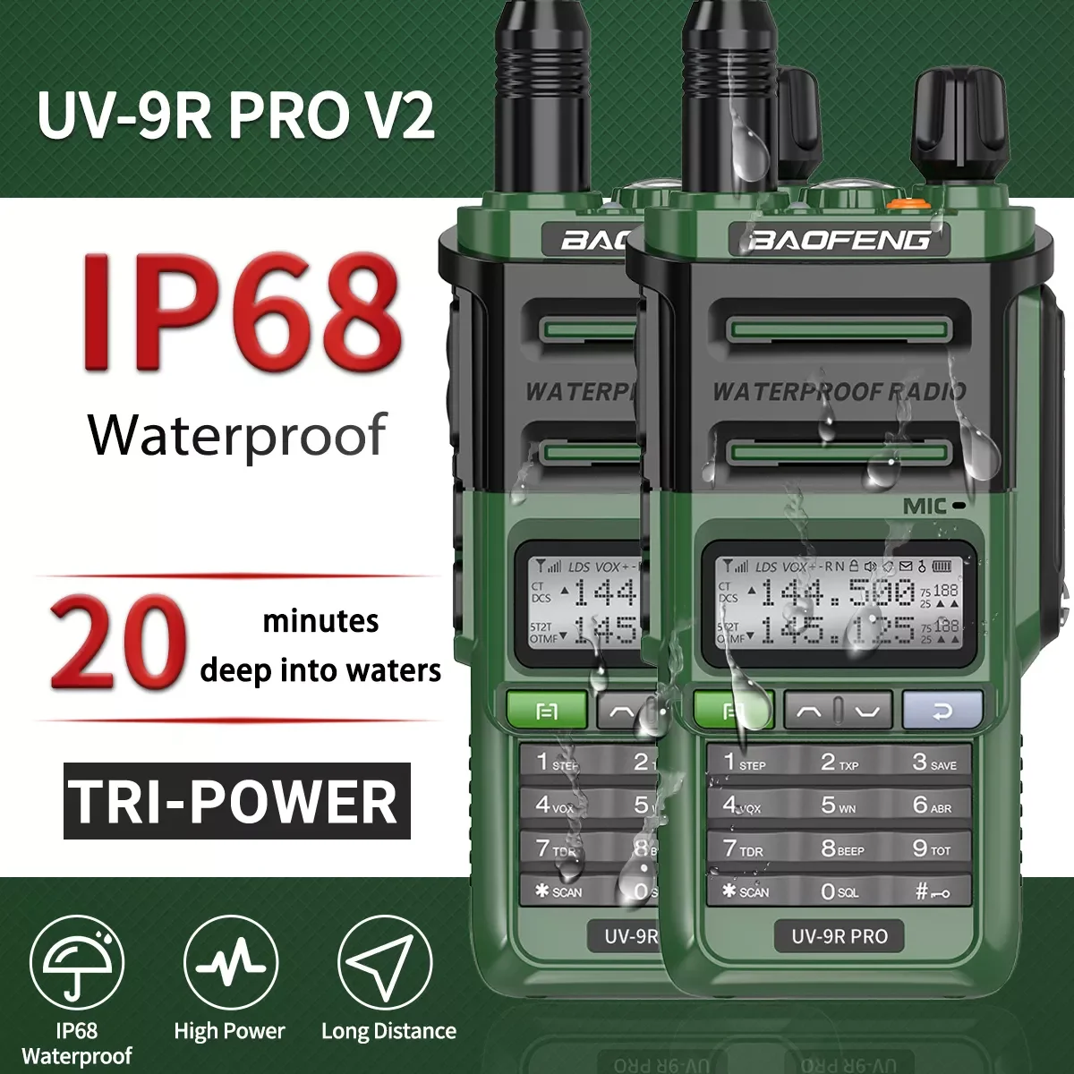 

NEW 2PCS UV-9R PRO V2 IP68 Waterproof Walkie Talkie High Power UHF VHF Ham CB Radio Upgraded Of UV9R 2-Way Radio Long Range
