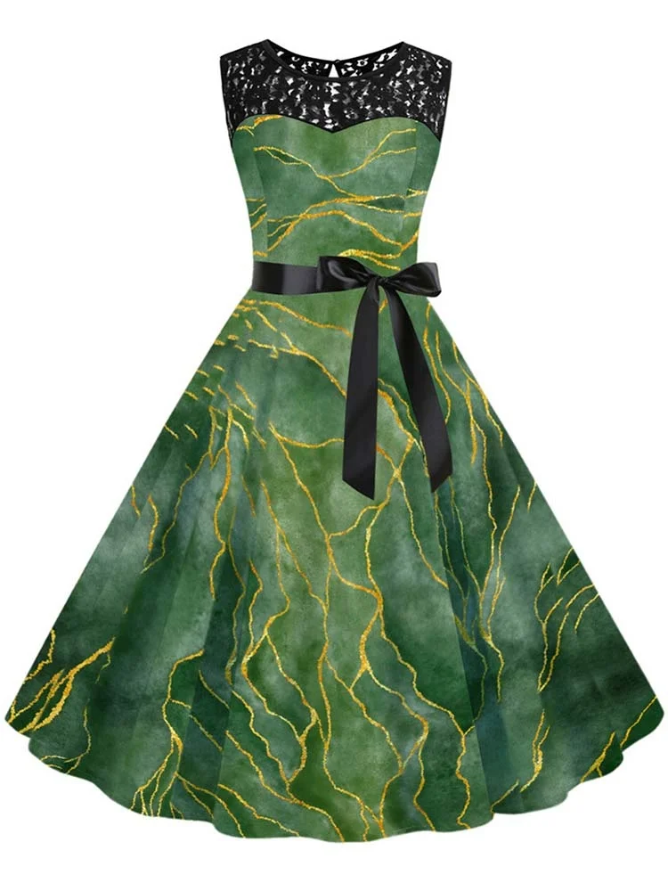 

Summer Elegant Floral Print Lace Dress Women Sleeveless A-Line Vintage Midi Party Sundress Belt