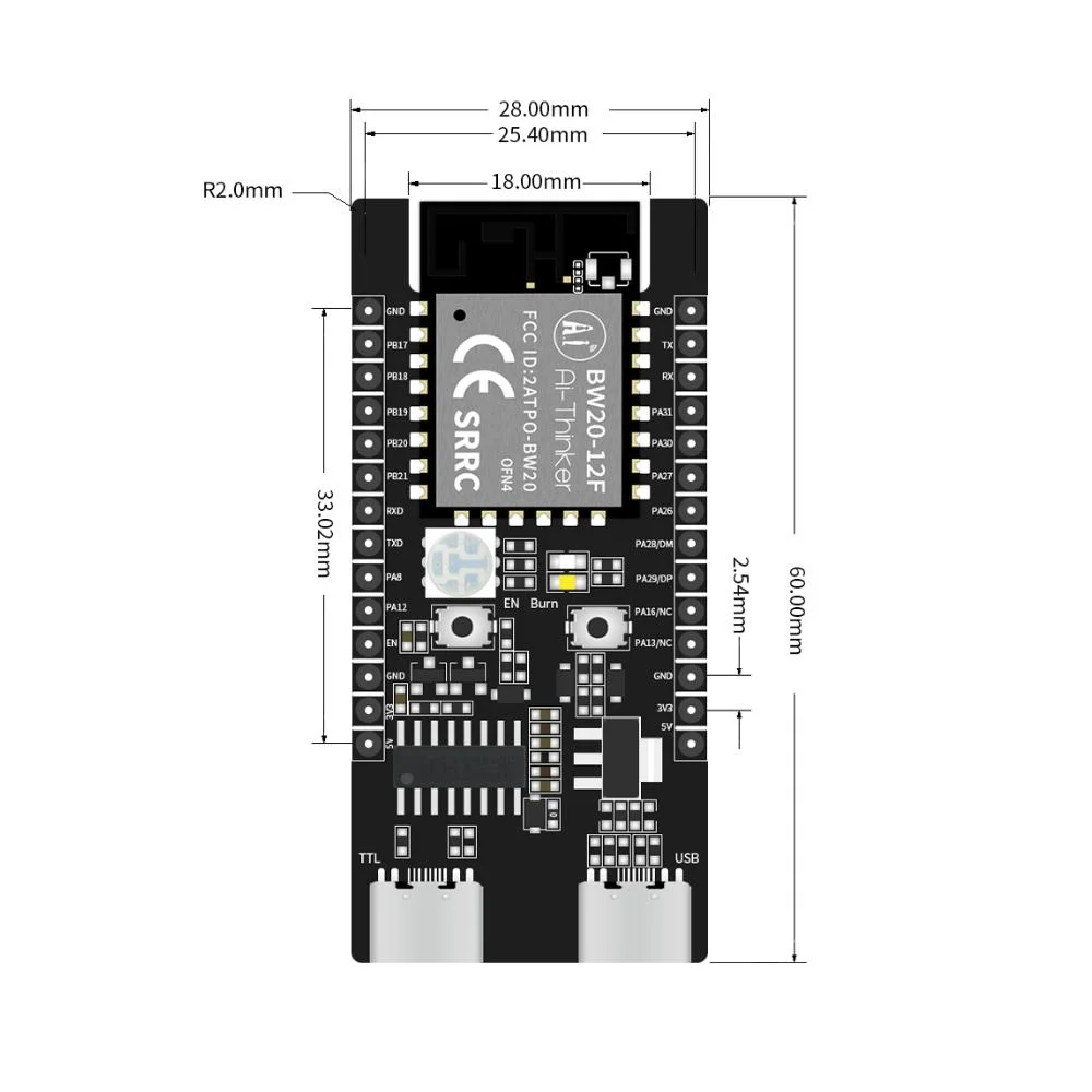 Плата разработки модуля BW20-12F со встроенным двухдиапазонным чипом Wi-Fi/BLE SoC RTL8711