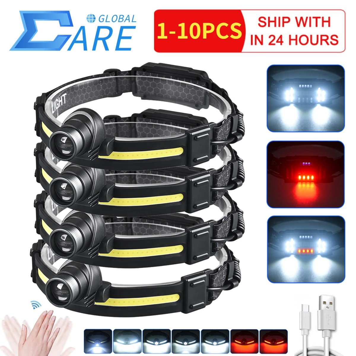 

1-10PC Sensor Headlamp COB LED Head Lamp Flashlight USB Rechargeable Head Torch 7 Lighting Mode Waterproof Headlight for Outdoor