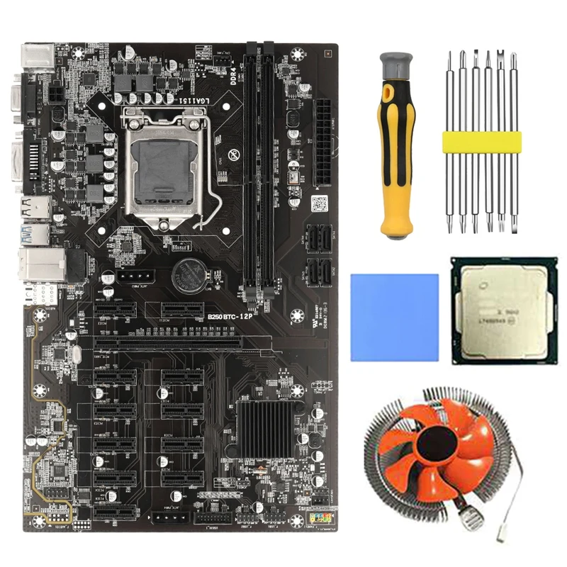 B250 BTC Mining Motherboard With G3900 CPU+Fan+Thermal Pad+Screwdriver 12 PCIE Graphics Slot LGA1151 DDR4 DIMM SATA3.0