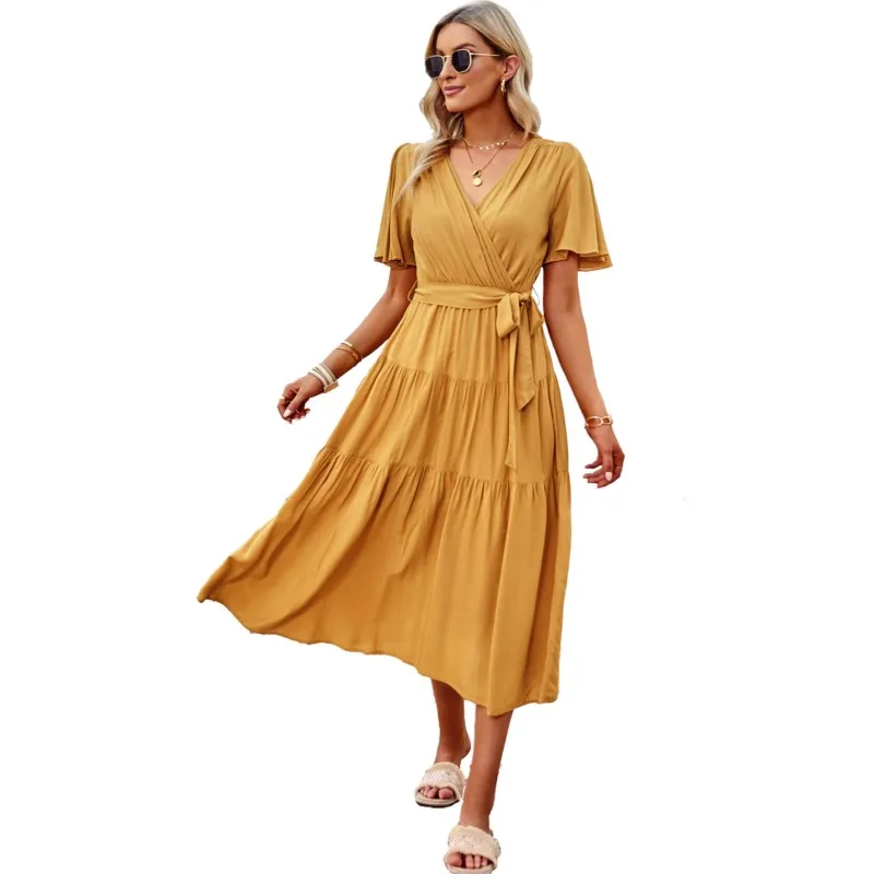 

2023 Summer Temperament Commuting Elegant Short Sleeved Dress Casual Solid Color Lace Up Slim V Neck A Line Long Dress XL