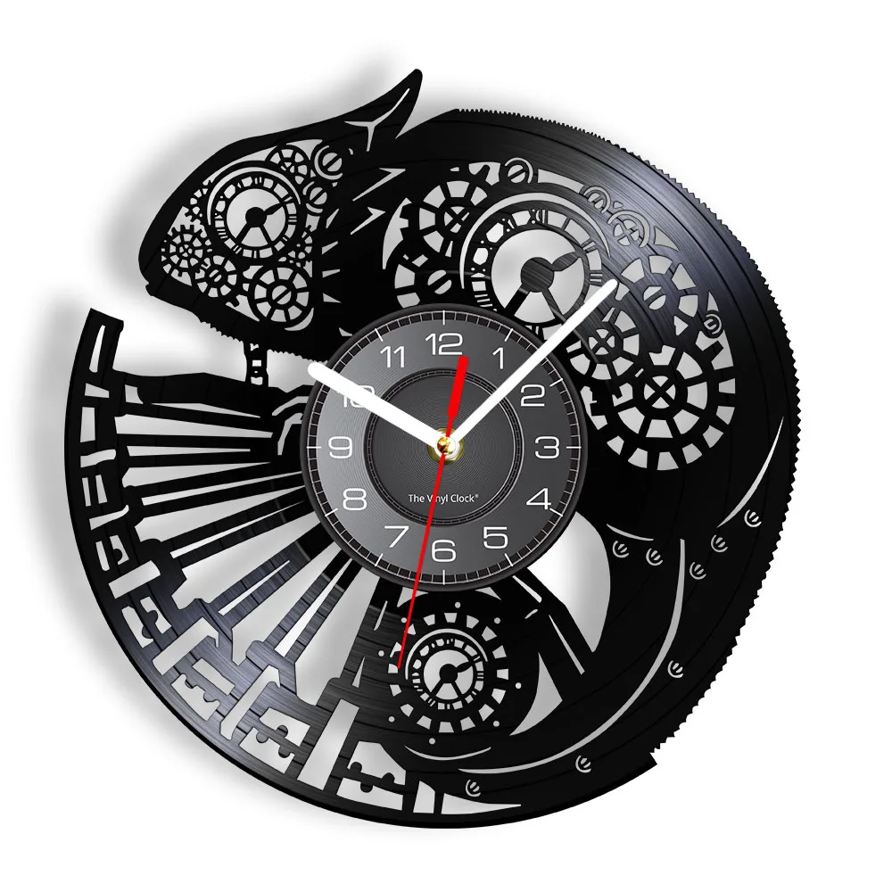 Chameleon Techno Design Animal Mechanism Gears Vinyl Record Wall Clock Steampunk Cogs Gears Handicraft Art Silent Wall Watch