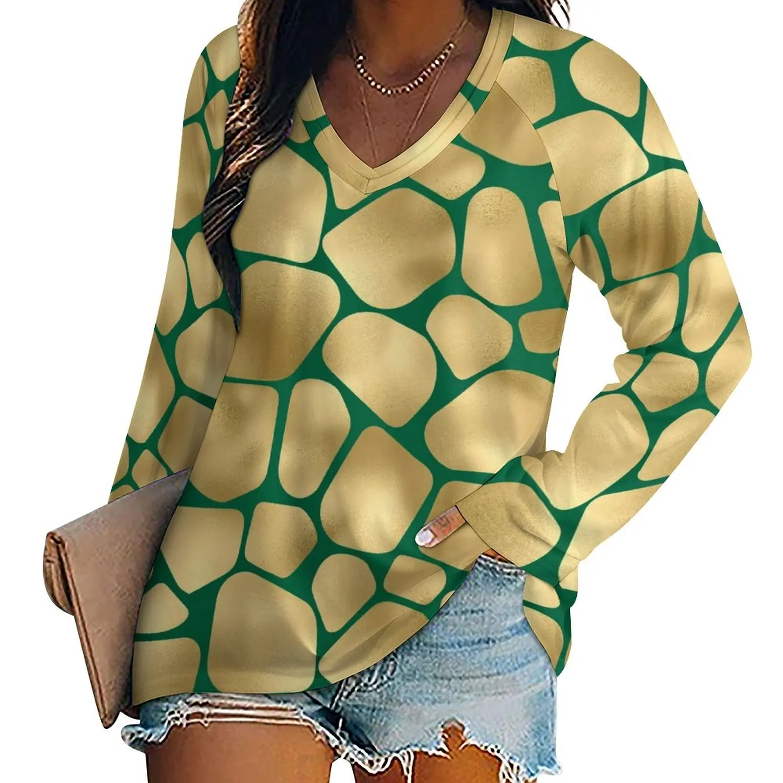 

Giraffe Print T Shirt Green and Gold Modern Long Sleeve T Shirts Loose Oversized Tees Female Design Clothing Gift