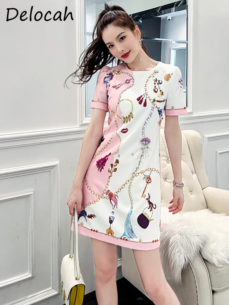 Delocah High Quality Summer Women Fashion Designer Mini Dress Short Sleeve Gorgeous Crystal Beading Colorblock Printed Dresses