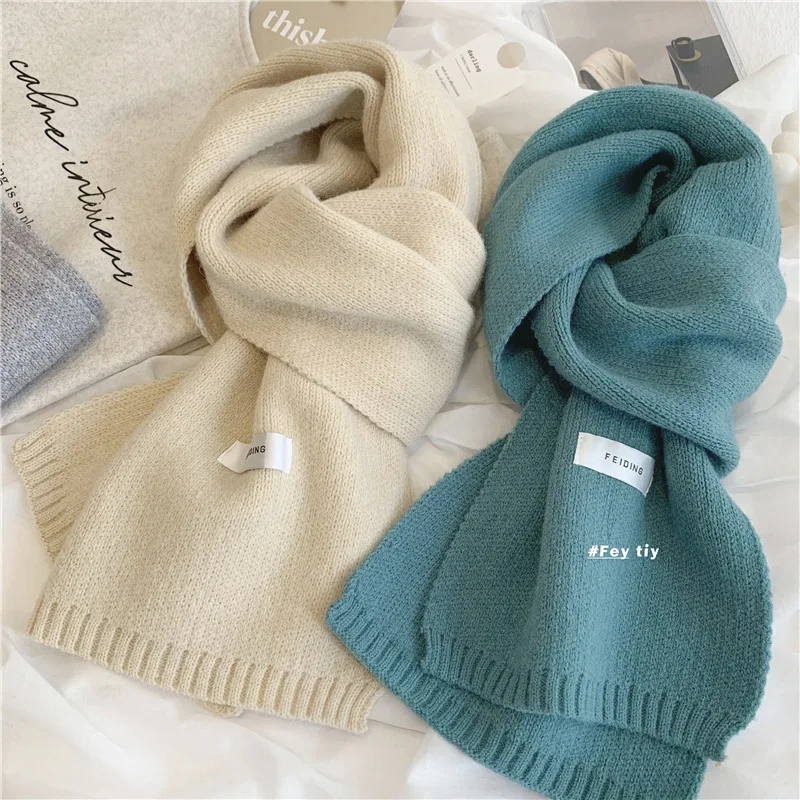 

Women Winter Solid Hijab Scarf Slim Neckerchief Soft Thicken Warm Knitted Woolen Neck Guards Scarves Pashmina Shawl Foulard 2022