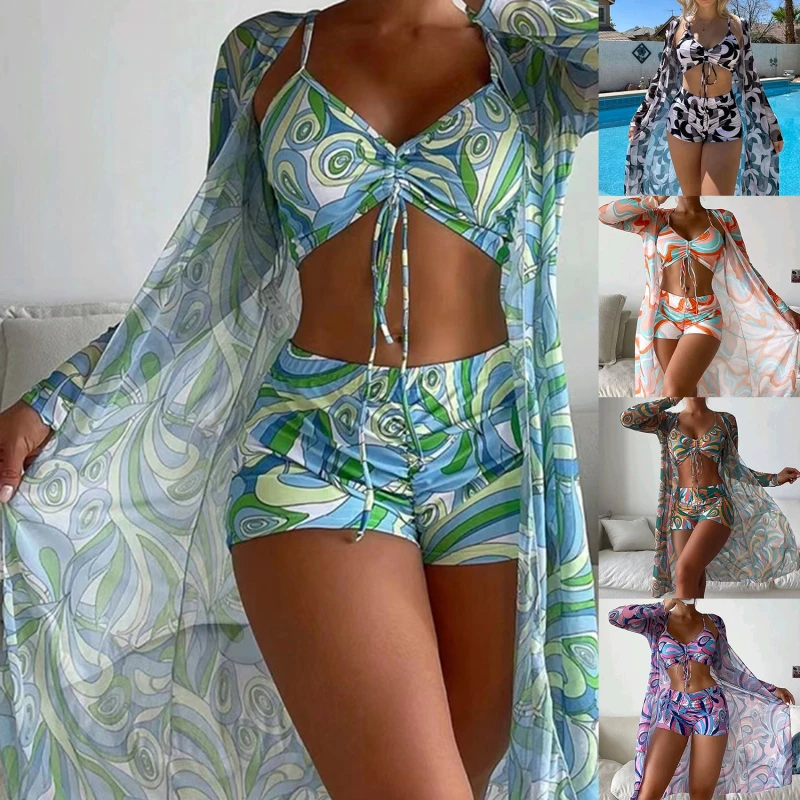 

Tropical High Waist Bikinis Sexy 3Piece Bikini Set Cover Up Swimsuit for Women Long Sleeve Swimwear Beach Wear Bathing Suit