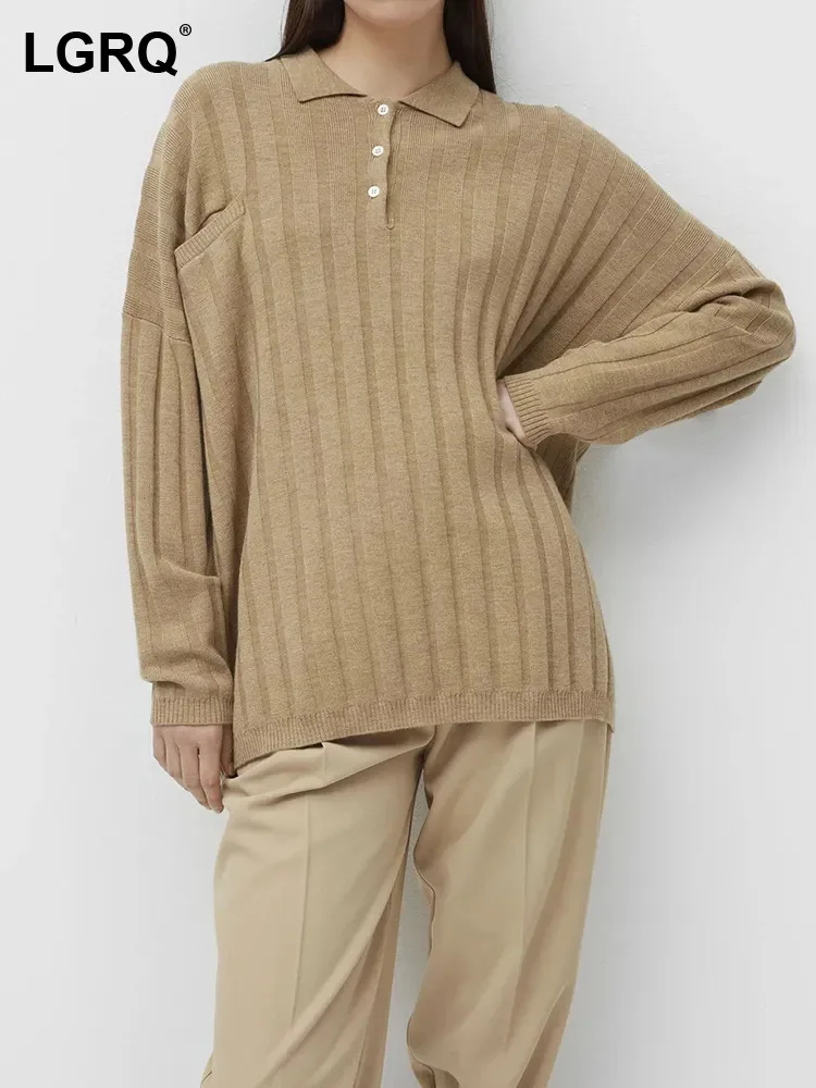

LGRQ Elegant 2023 Autumn Loose Solid Color Stripe Knitted Long Sleeve Pullover High Quality Fashion Women's Sweater Tops 19F1687