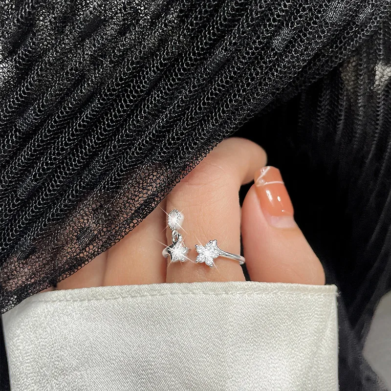 

2022 Trend New Water Drop Zircon Silver Color Star Flower Open Ring For Female Fashion Woman Design Jewelry Wholesales Gift