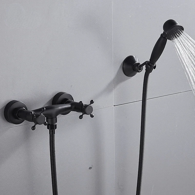 Черный набор смесителей для душа ванной комнаты с ручным распылением настенное
