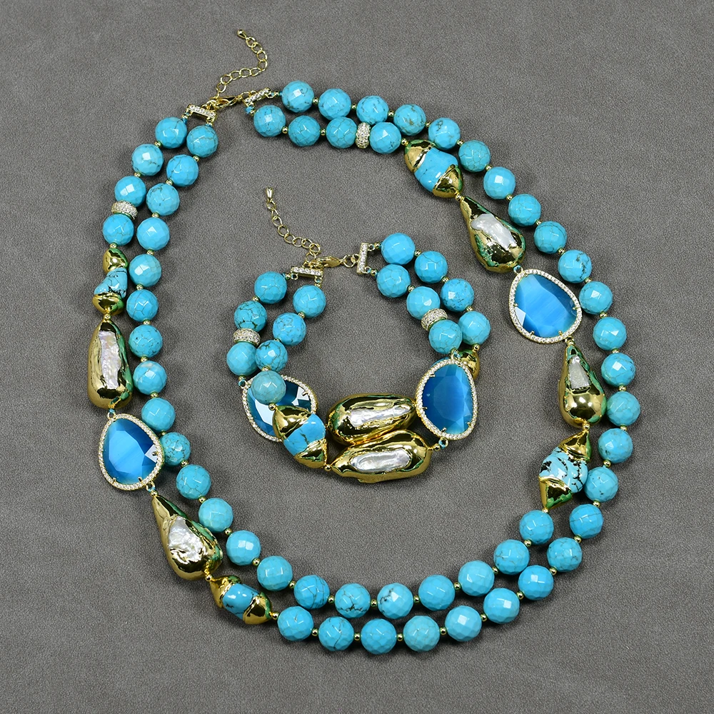 

GG ювелирные изделия 2 нити культивированные Белые Бива жемчужины синие граненые бирюзы CZ выложены синими бриллиантами наборы женских браслетов подарки