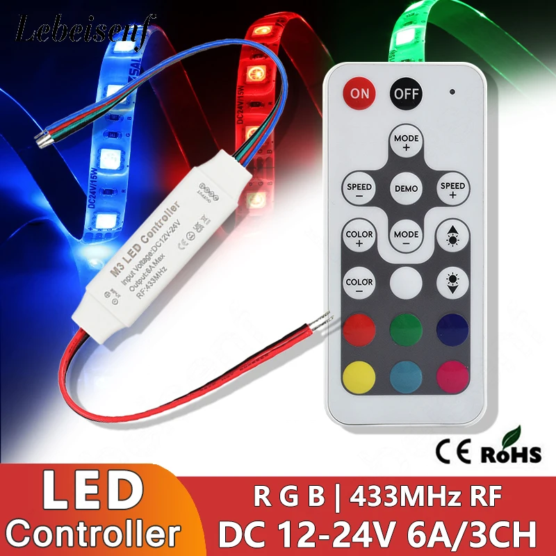 

Mini RGB LED Controller 6A 3CH DC 12-24V Dimmer with 18 Key RF Wireless Remote for 5050 2835 3014 LED COB Color Light Strip Lamp