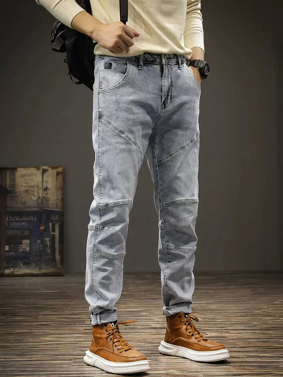 Streetwear Fashion Men Jeans Retro Light Blue Stretch Slim Spliced Biker Jeans Homme Hip Hop Pants Men Elastic Vintage Trousers