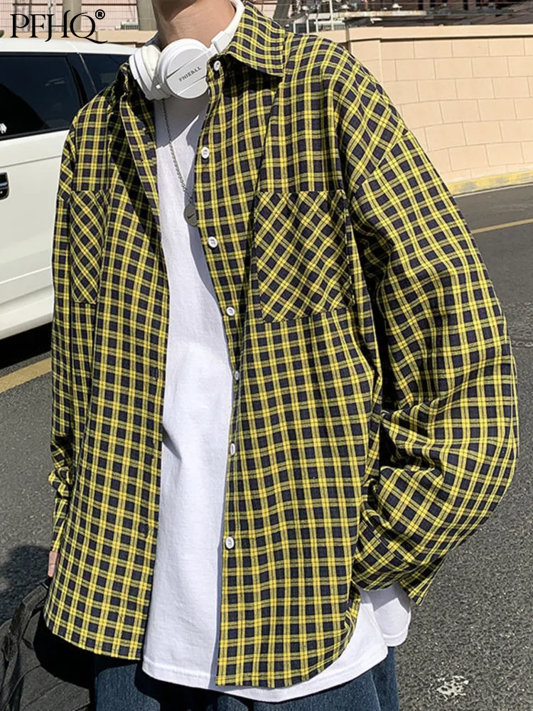 

PFHQ Мужская Желтая клетчатая рубашка, тонкие красивые Топы разных цветов на выбор, осенняя блузка, тонкая модная шикарная одежда, 2022