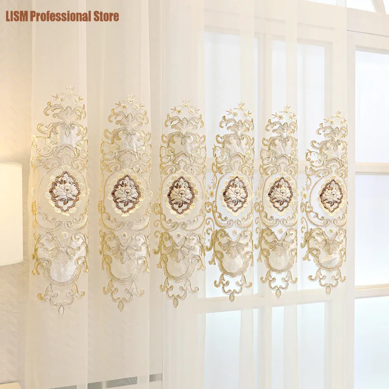 

European-style Curtains for Living dining Room Bedroom Fresh Beidou Carved Embroidered Yarn White Curtain Tulle Curtain