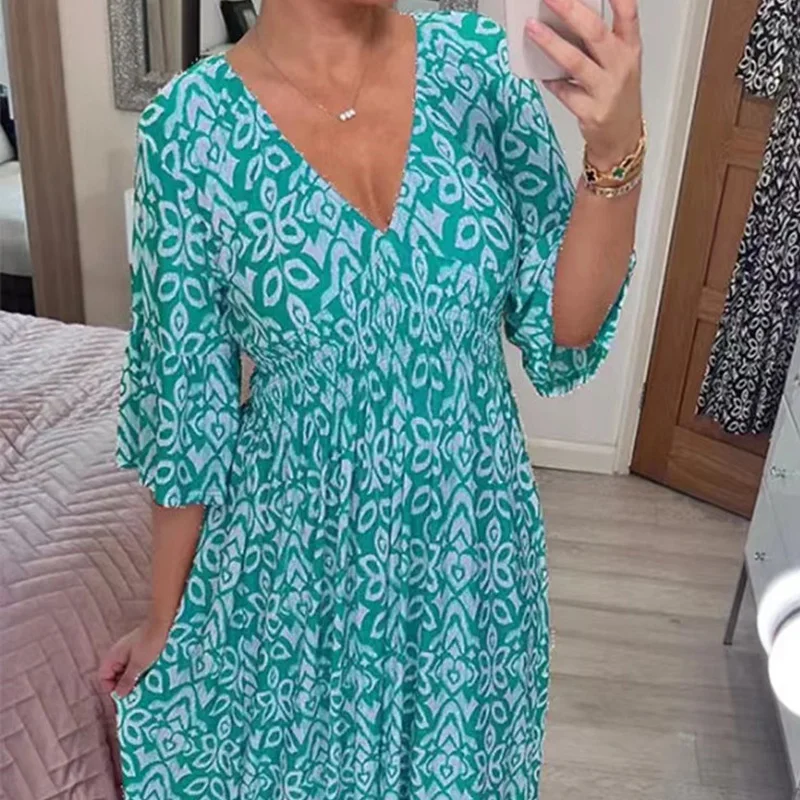 

2023 Women's Clothing Fashion Loose Summer Thin Pullovers Pleated Beach Simplicity Floral V-neck Printing Short Sleeve Dresses