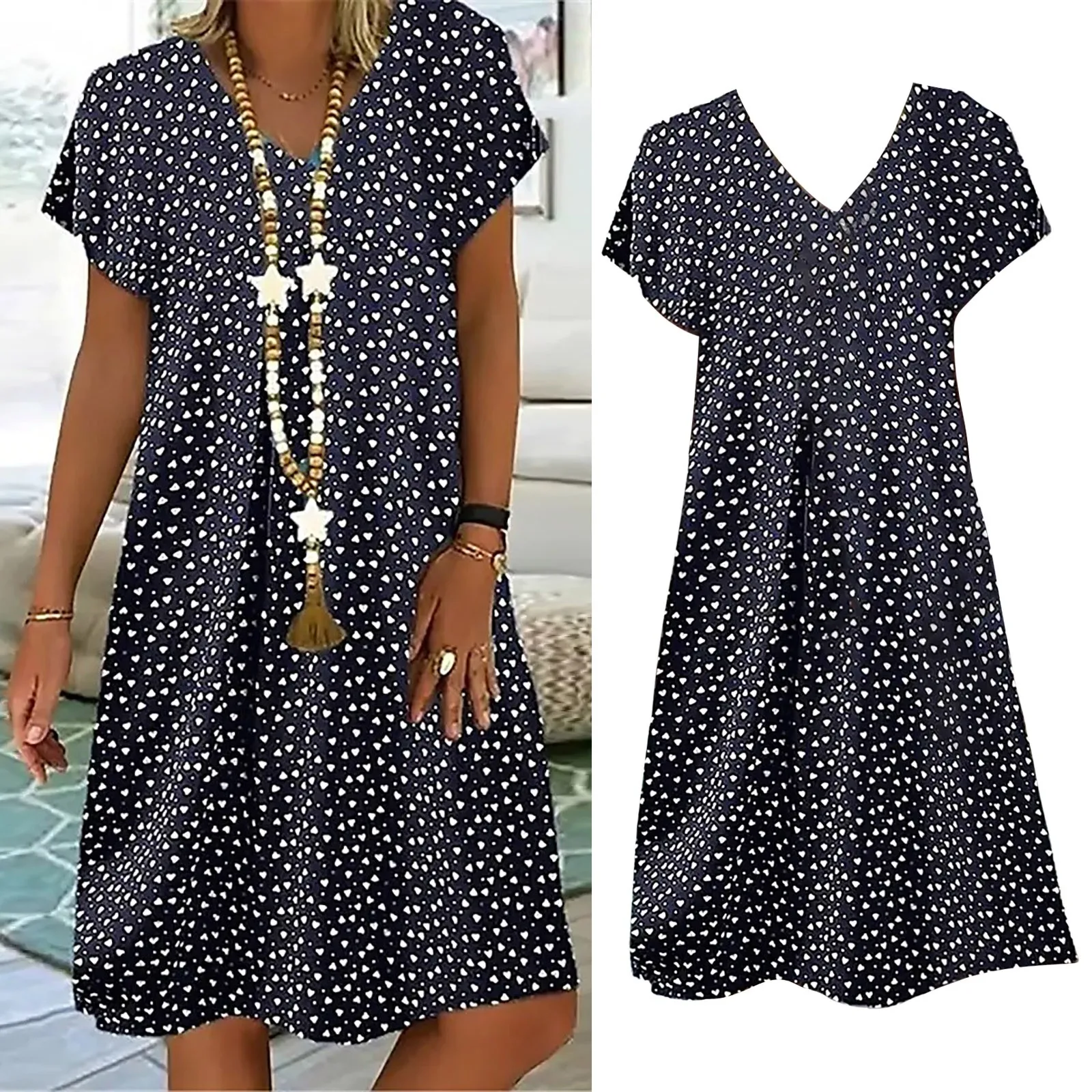 

Vintage Polka Dot Dresses For Women 2023 Summer Casual Loose V-Neck Short Sleeve Mini Dress Plus Size Swing Flowy Dress Sundress