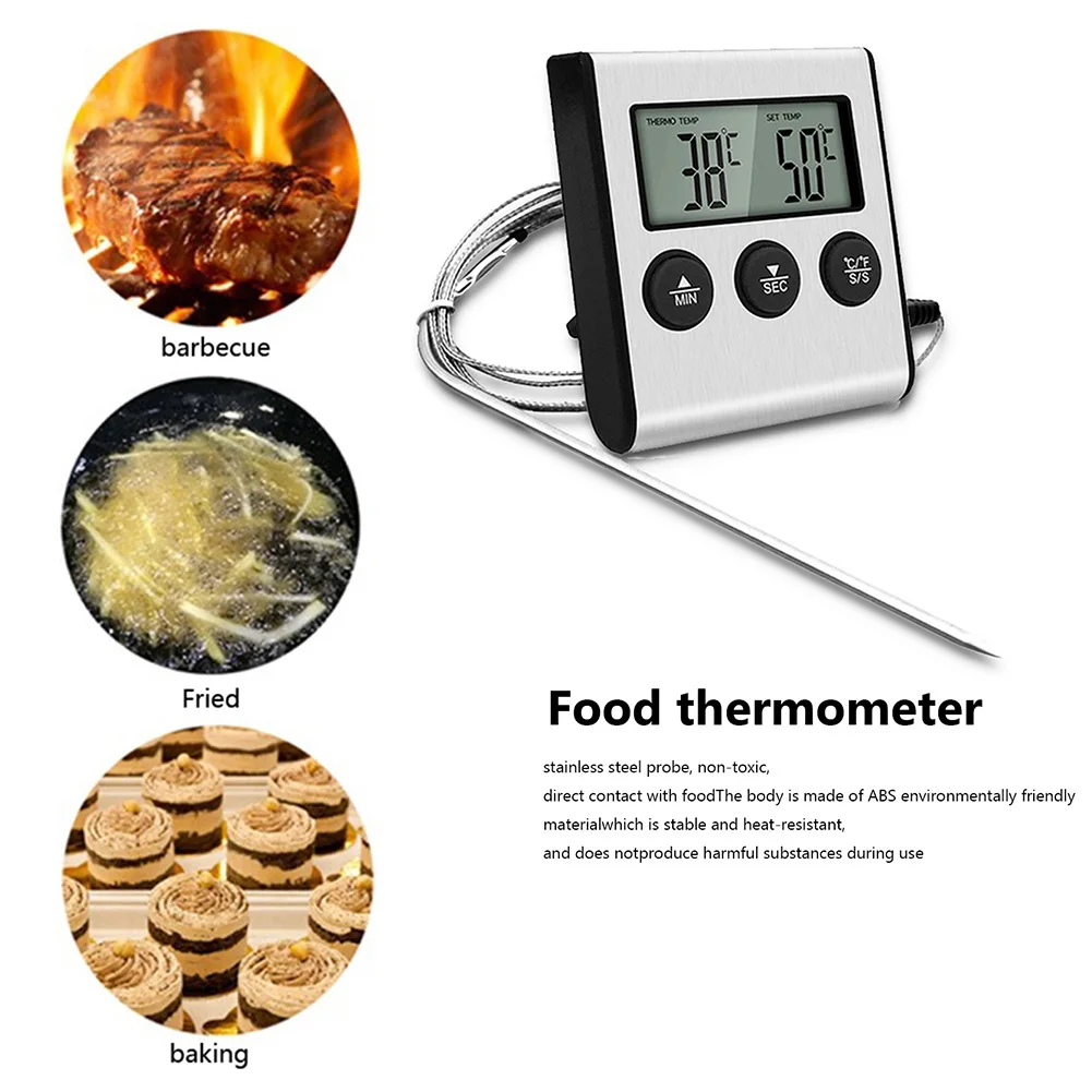 

New Digital BBQ Cooking Oven Thermometer Stainless Steel Probe Meat Kitchen Food Temperature Meter for Grill Timer Function