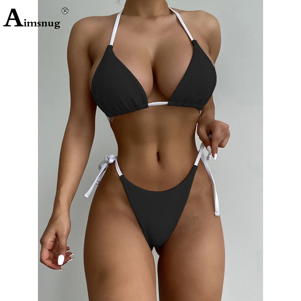 Women Low Cut Bikini Sets Ladies Halter Swimsuit Sexy Push Up Two Pieces Swimwear 2022 Summer New Lace-up Bathing Suits Femme