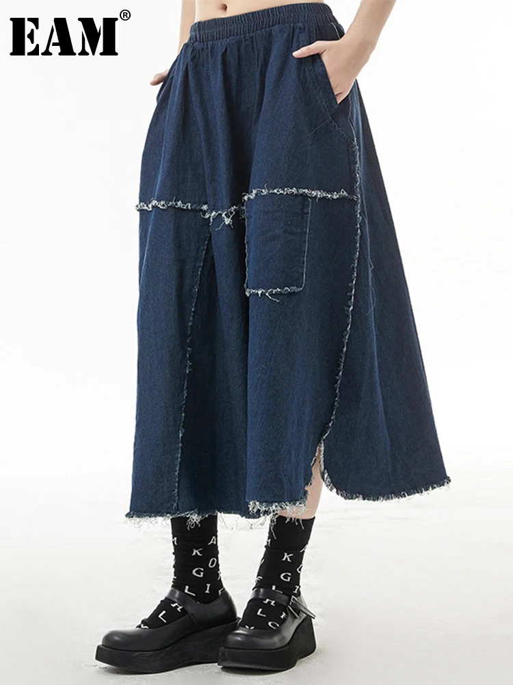 

[EAM] High Elastic Waist Blue Denim Burr Long Casual Vintage Half-body Skirt Women Fashion Tide New Spring Autumn 2023 1DE6323