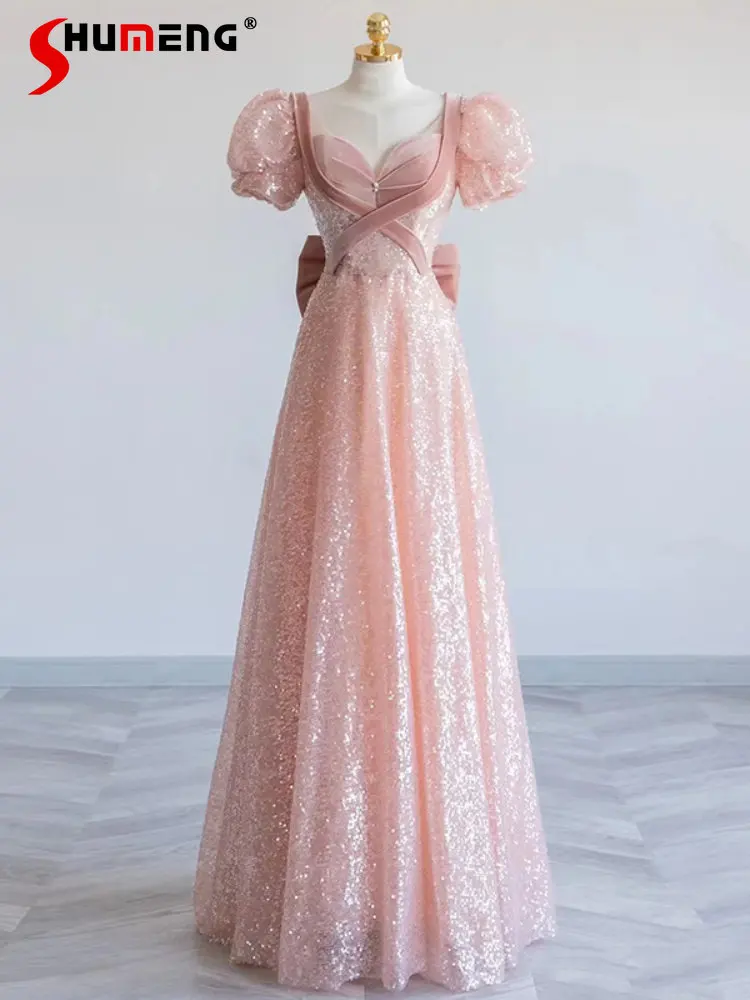 Luxury Birthday Pink Sequins Evening Long Dress for Women 2023 New High-End Temperament Banquet Floor Dresses Vestidos De Fiesta