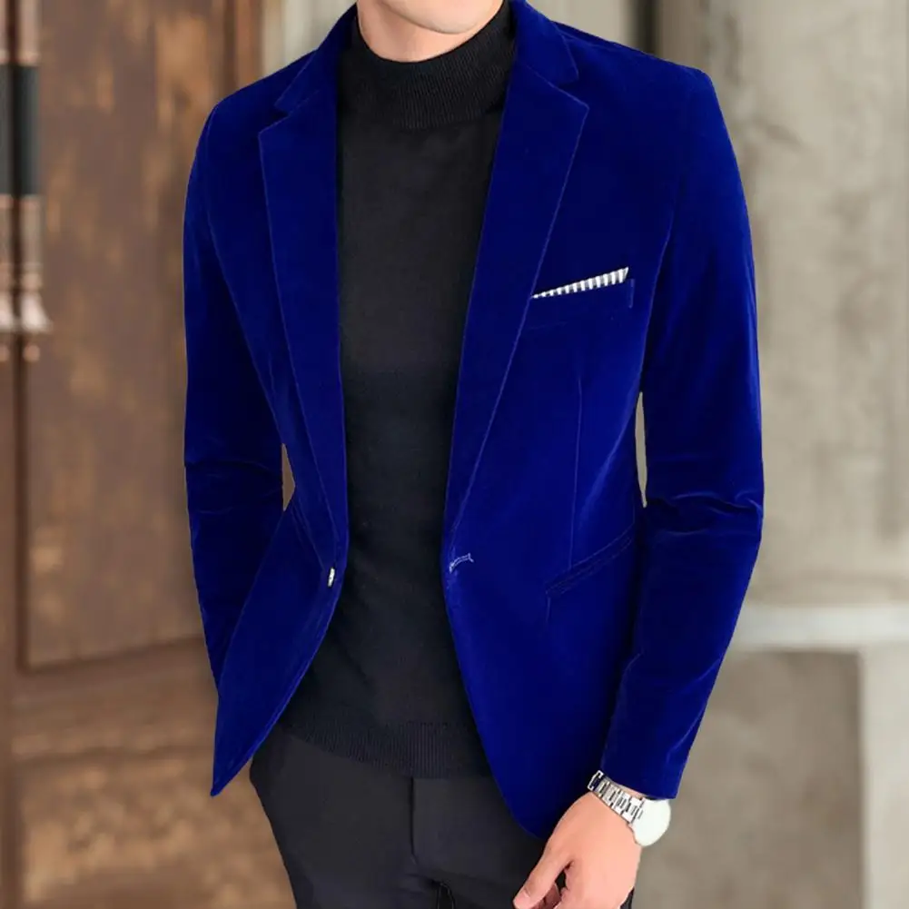 Male  Formal Velvet One Button Blazer Spring Suit Jacket Long Sleeve   for Party images - 6