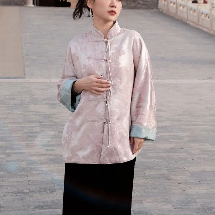 Женский жаккардовый пуховик на пуговицах китайский стиль