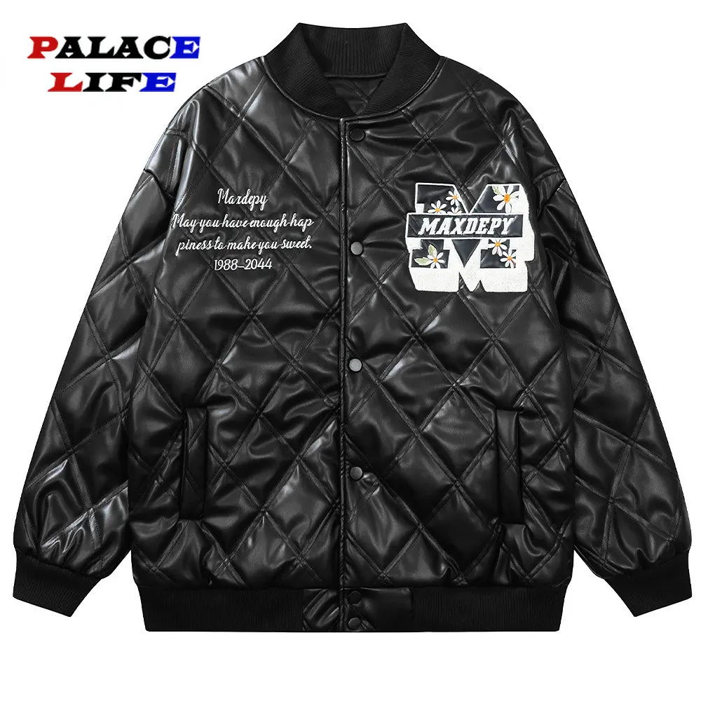 Hip Hop Men's Winter Parkas Jacket Letter Daisy Embroidery Harajuku PU Leather Diamond Jacket Coats Streetwear Casual Outwear