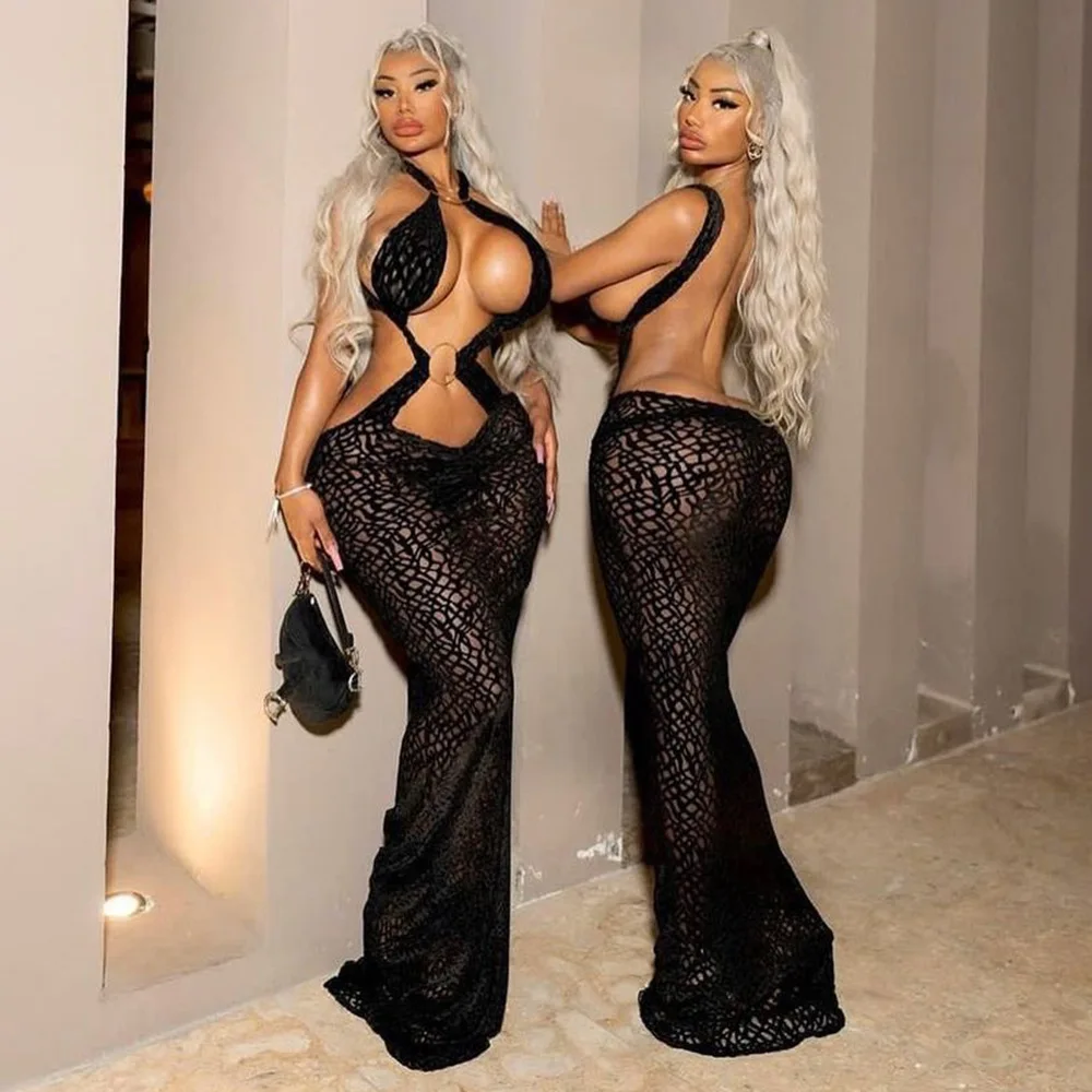 

Summer See Through Backless Dresses with Metal Ring Women Fashion Hollow Out Bodycon Straps Dress Slim Clubwear Party Long Dress