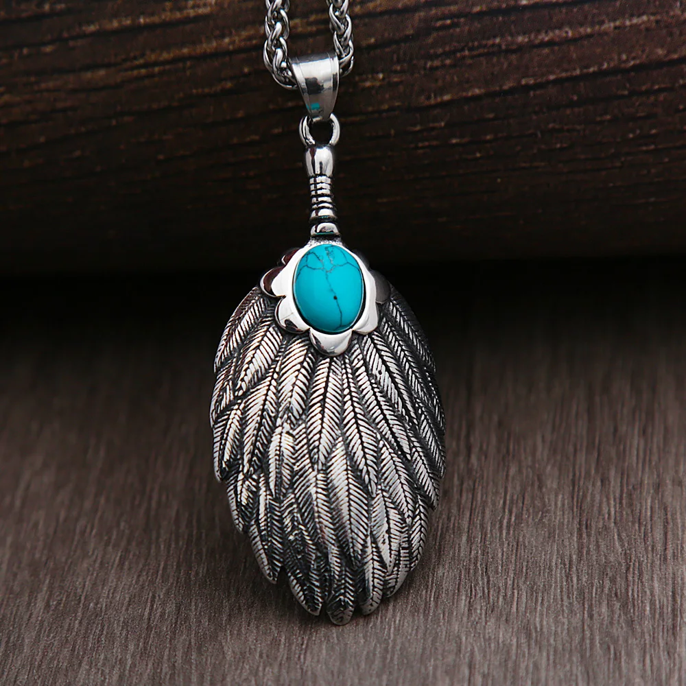 

Vintage Fan Long Necklace Men Eagle Feather Pendant Necklace Men Women Fashion Turquoise Feather Necklace Jewelry Wholesale