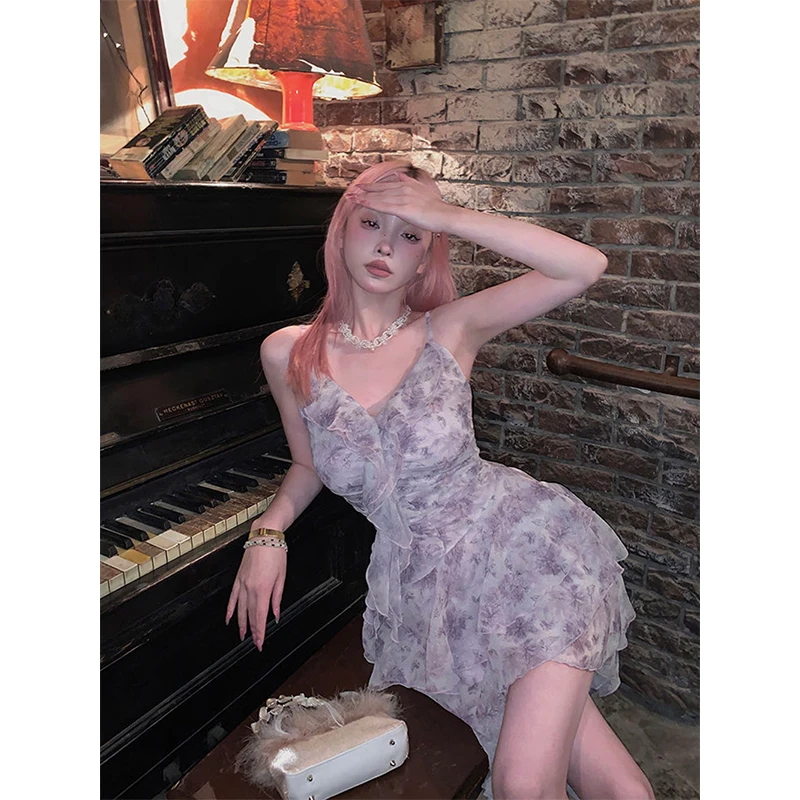 Милое цветочное мини-платье женские корейские платья на бретелях-спагетти с