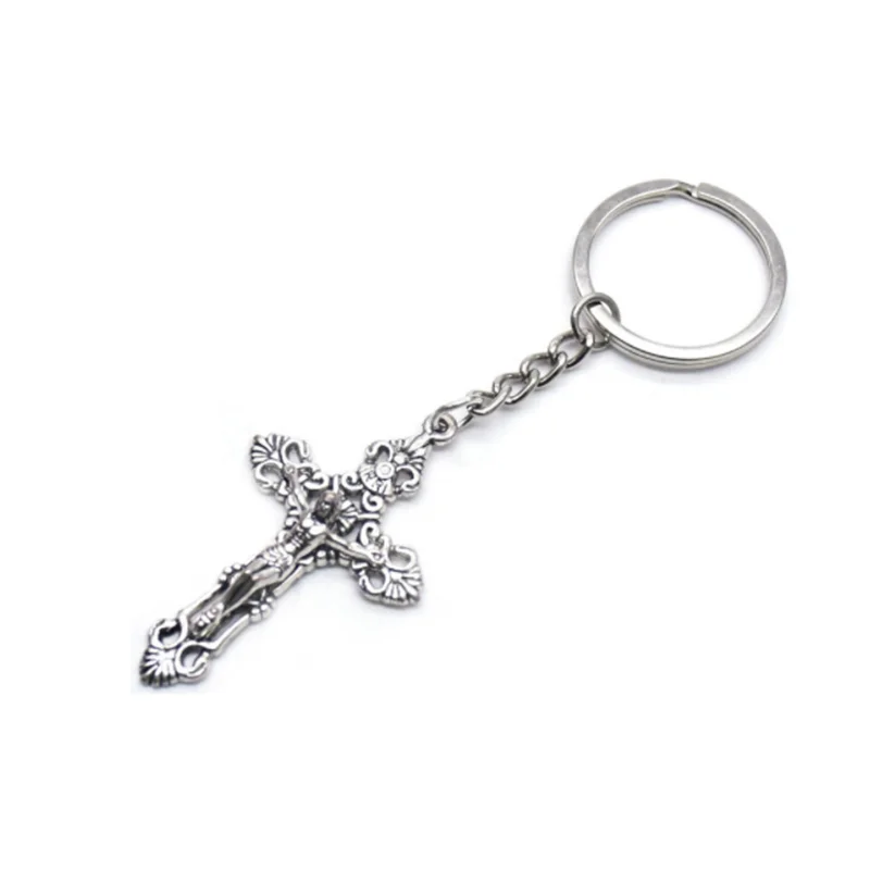 

50Pcs/Lot 3.3*11cm Retro Silver Simple Style Cross Keychain Pendant Christian Jewelry Travel Souvenirs Gifts Giveaways For Guest