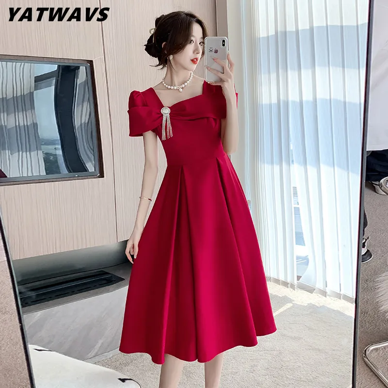 

High Quality Summer Short-Sleeve Women Dresses New Fashion Elegant Square Neck Bow High-End Dress Lady Designer Folded Clothing