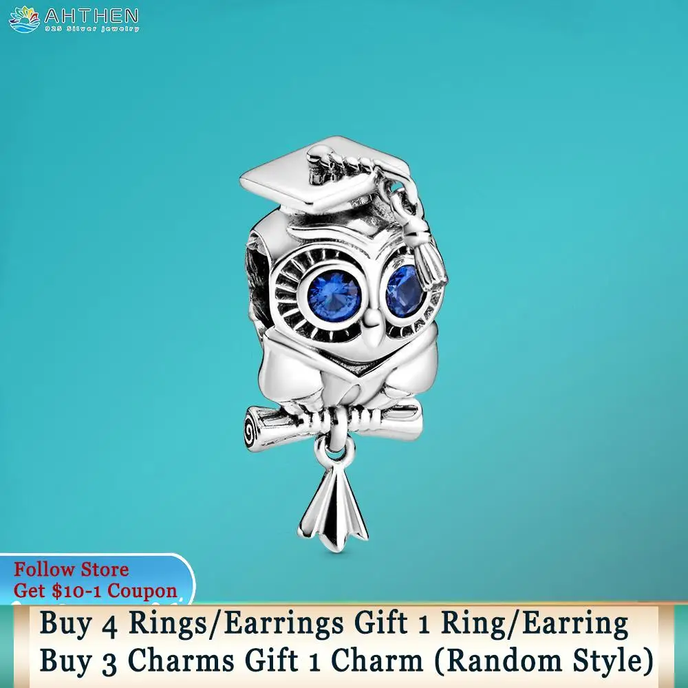 

Ahthen S925 Sterling Silver Beads Wise Owl Graduation Charms fit Original Pandora Bracelets for Women Jewelry Making Gift